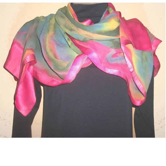 Vtg Hand-Dyed Silk Chiffon & Satin Foulard Scarf Shawl 70" X 15" - Picture 2 of 11